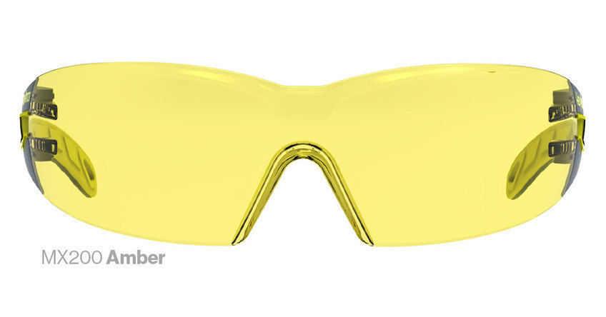 Safety glasses in amber safety lens tint.