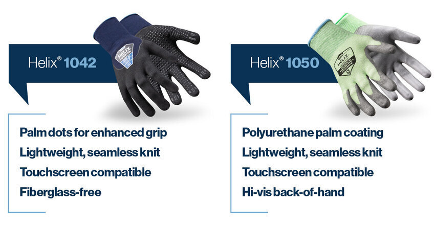 Features of the Helix 1042 and Helix 1050 seamless knit gloves. 
