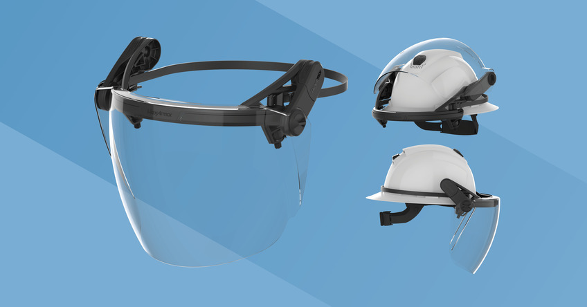 Showing TruSpan universal face shield as it would appear out of the box, as well as on a full brim safety helmet both in a nested and resting position..