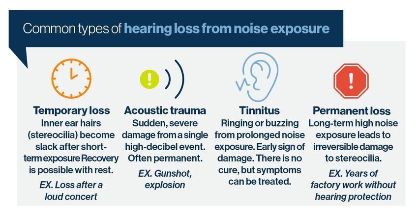 See the common types of hearing loss from noise exposure. 