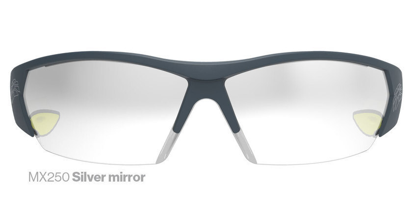 Safety glasses in the silver mirror safety lens tint.