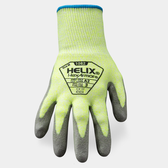 Back of hand view of Helix 1082 general purpose gloves showcasing the glove label and HPPE/fiberglass/nylon shell.