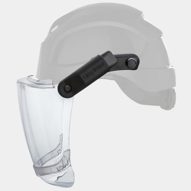 Ceros® XP Click-and-Go® magnetic face shield with chin guard as shown from the side attached to a safety helmet.