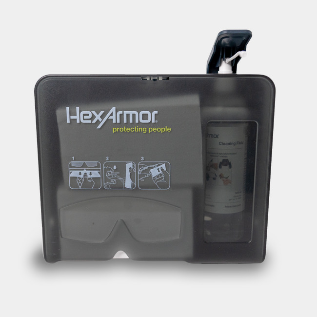 Wall mounted eyewear cleaning station.