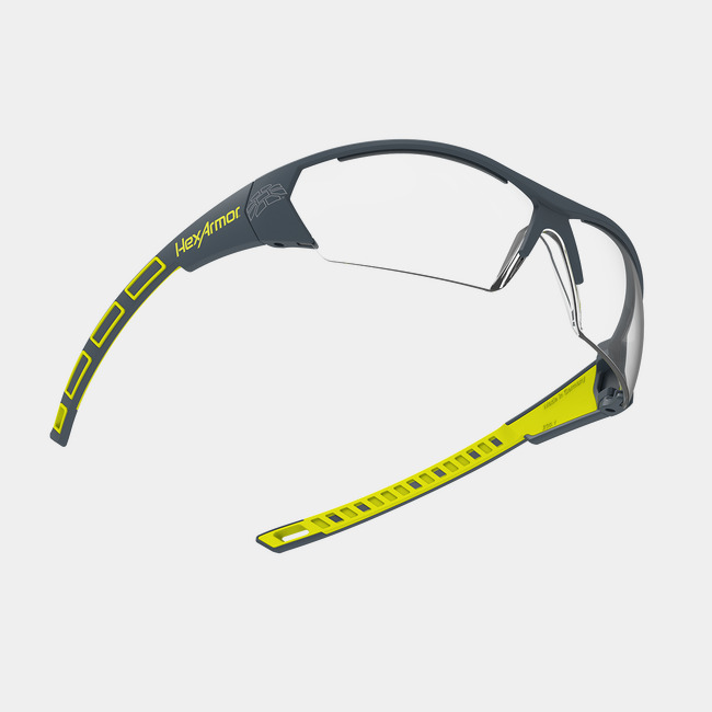 Floating MX250 premium safety glasses showcasing the optical clarity of the lenses. 