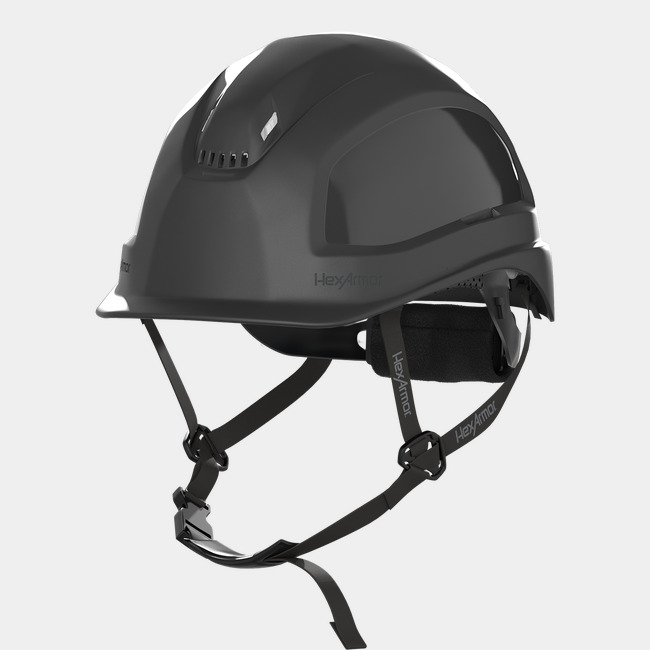 Ceros XP450A black vented safety helmet with chin strap.