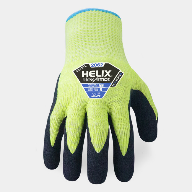 Back of hand view of Helix 2062 abrasion-resistant gloves, showcasing the glove label and HPPE/steel/fiberglass blend shell.