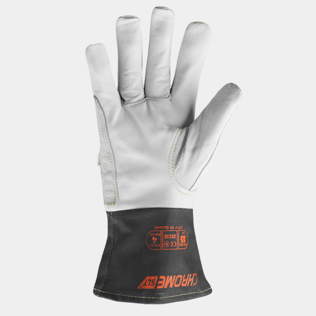 Palm view of Chrome SLT 4062 gauntlet heat resistant safety gloves showing the traditional goatskin leather palm.