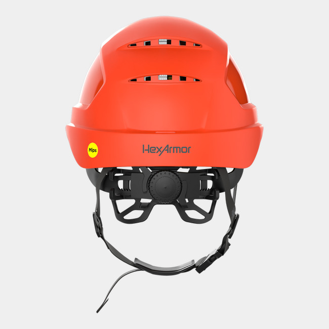 Ceros XP450A with Mips and chin strap safety helmet as shown from the back showcasing the wheel ratchet adjustment system.