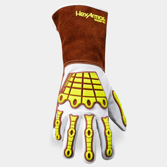 Back of hand view of HeatArmor 5056IMP mig welding gloves showcasing the impact protection.
