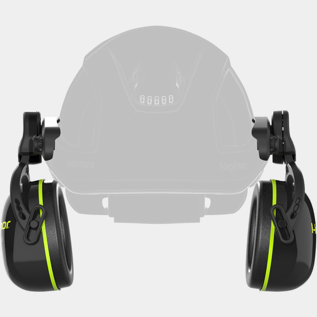 K-Series Ceros K2M magnetic hearing protection earmuffs as shown from the front attached to a safety helmet.