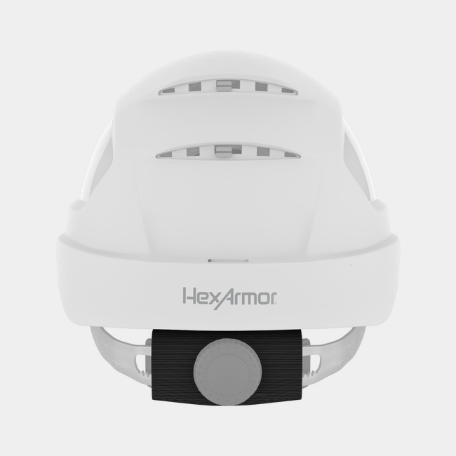 Wheel ratchet padding as shown from the back on a safety helmet.