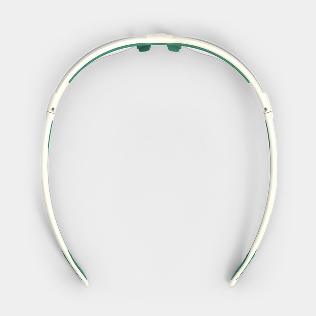 Green and white VS250 planet series sustainable scratch-resistant safety glasses from the top-down showcasing the adjustable nose piece.