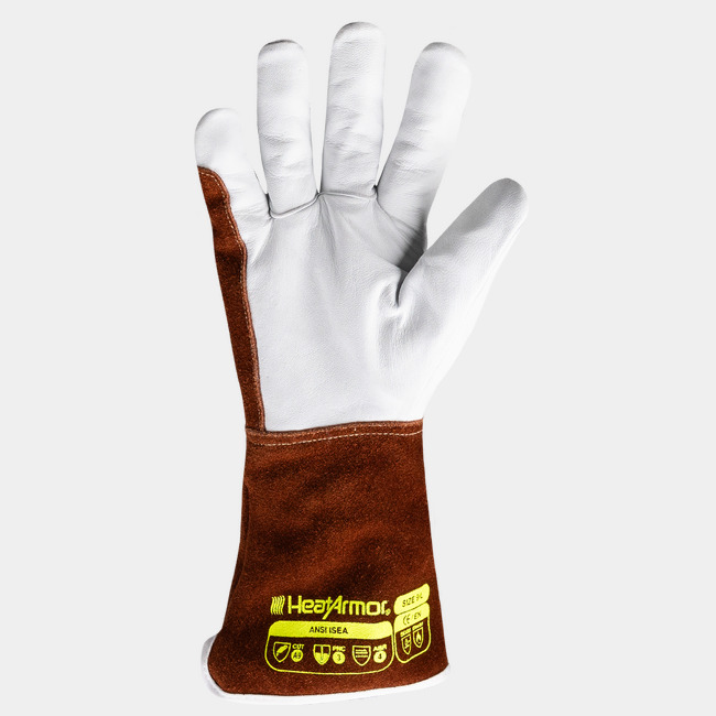 Palm view of HeatArmor 5056IMP stick welding gloves showcasing the leather construction.