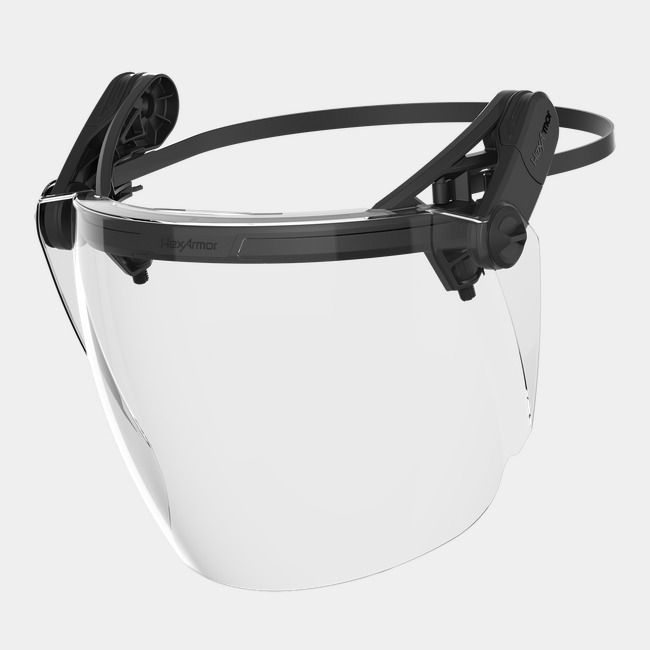 TruSpan® universal face shield in the active position, with face shield down and head ring in the back.