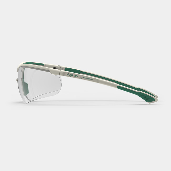 Green and white VS250 planet series sustainable anti-fog safety glasses from the side showcasing the HexArmor logo on the frame.
