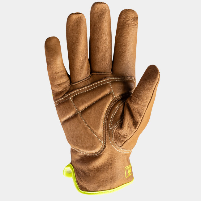 Palm view of chrome slt 5072 padded palm work gloves with sustainable leather treatment.