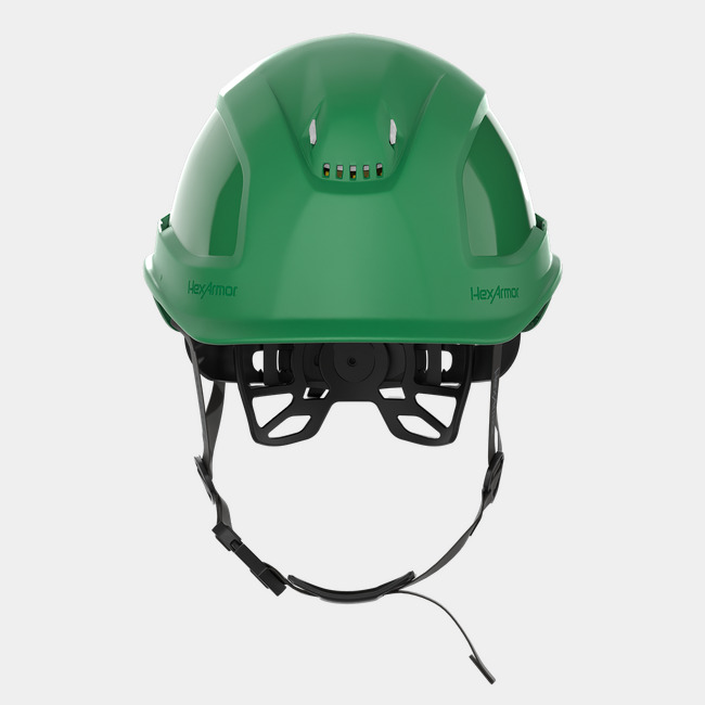 Ceros XP450A with Mips green chin strap safety helmet as shown from the front.