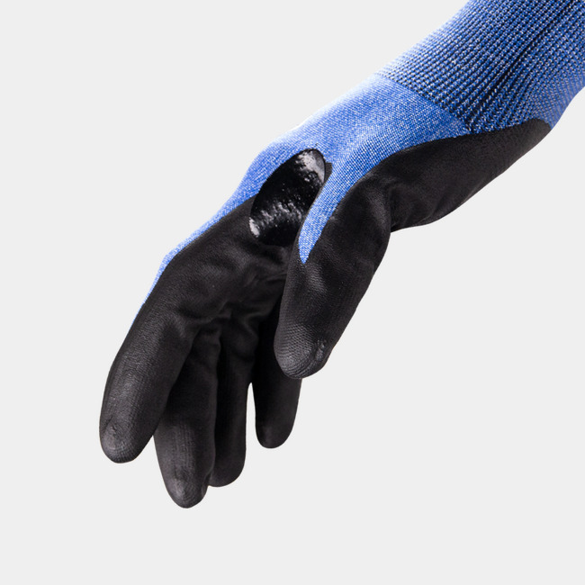 Side view of Helix 3025 touchscreen work gloves, showcasing where the seamless knit meets the coating.