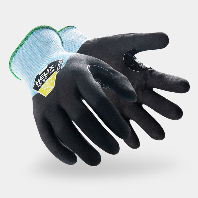 Blue and black Helix 3023 cut-resistant gloves as they might appear on your hands.