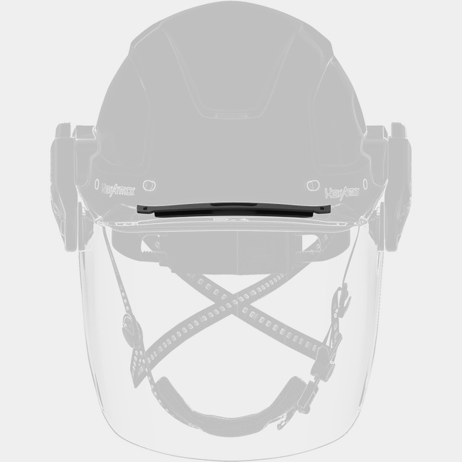 XA face shield adapter as shown from the front attached to a safety helmet and face shield.