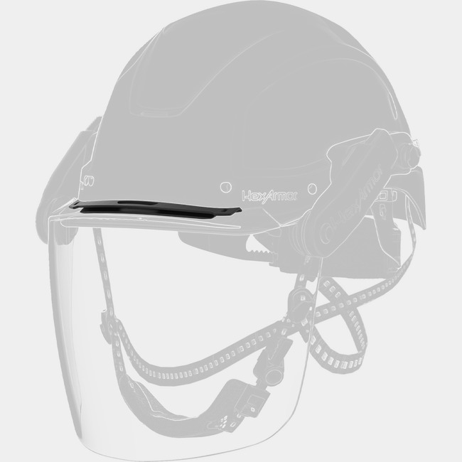 XA face shield adapter attached to a safety helmet and face shield.