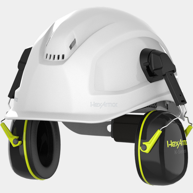 K-Series Ceros K2C hearing protection earmuffs attached to a safety helmet.