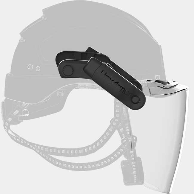 Ceros XA Click-and-Go magnetic clear face shield kit as shown from the side attached to a safety helmet.