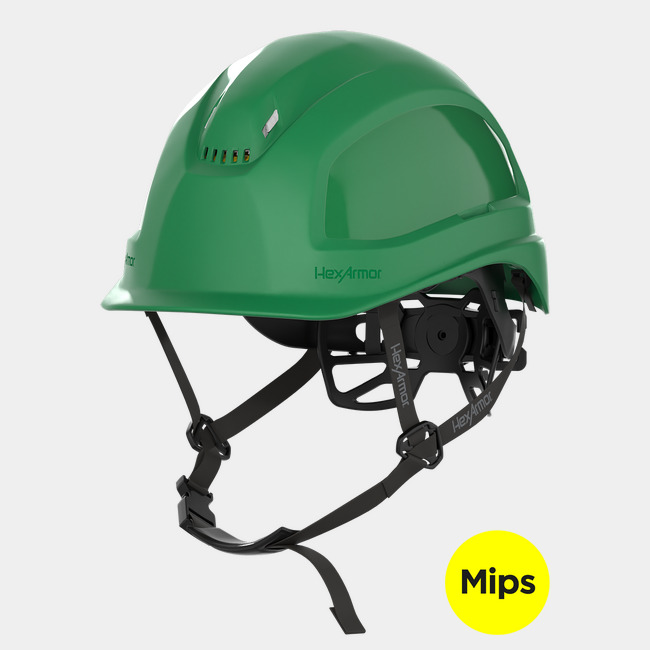 Ceros XP450A with Mips green vented safety helmet with chin strap.