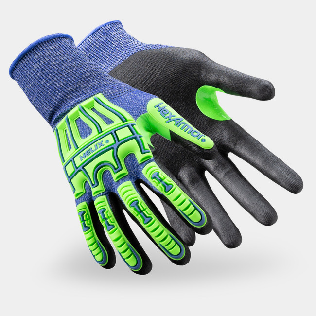 Blue and green Helix 3026IMP cut-resistant work gloves shown side by side as they might appear on your hands.