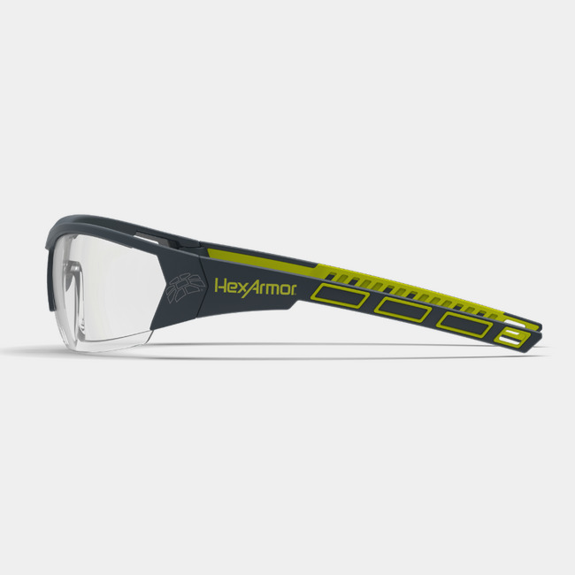 MX250 anti-fog safety glasses safety glasses from the side showcasing the HexArmor logo on the frame.