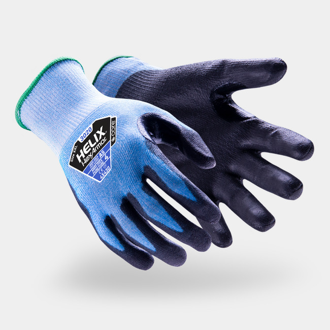 Black and blue Helix 3020 cut-resistant gloves shown side by side as they might appear on your hands.