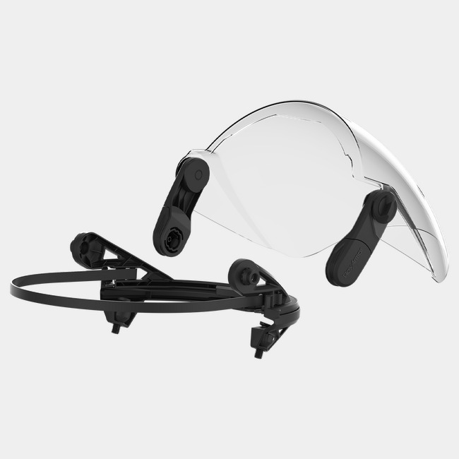 TruSpan® universal face shield in the nested or resting position, with face shield up and head ring in the back.