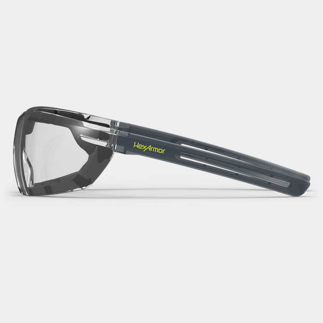 LT400G anti-fog safety glasses from the side showcasing the HexArmor logo on the frame.