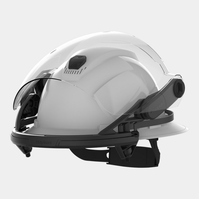 TruSpan® universal face shield in the nested position on our full brim helmet, with face shield up and nested.