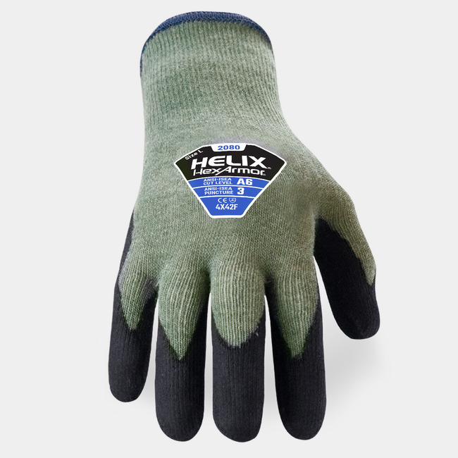 Back of hand view of Helix 2080 heat-resistant gloves showcasing the glove label..