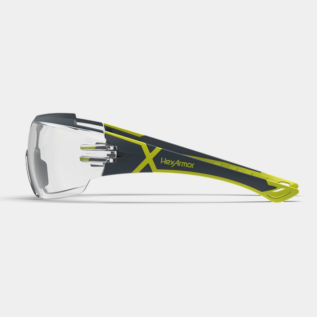 MX300 safety glasses from the side showcasing the HexArmor logo on the frame.