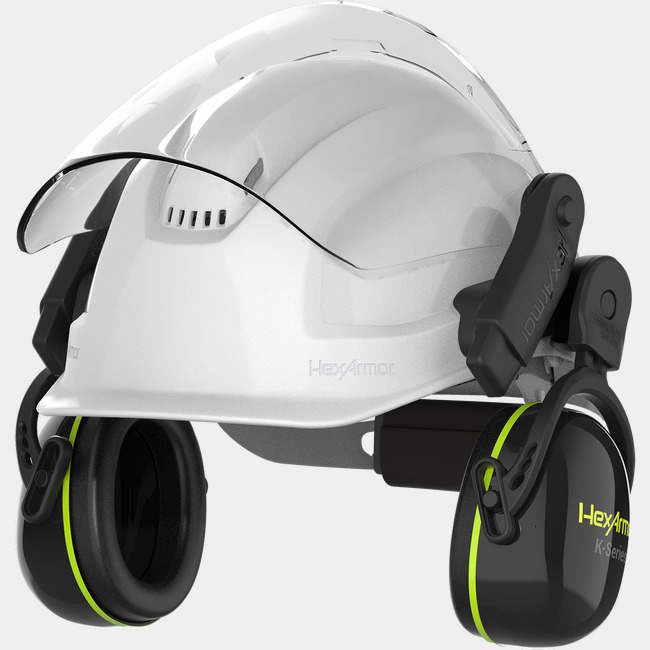 K-Series Ceros K2M magnetic hearing protection earmuffs as shown from the side attached to a safety helmet and face shield. 
