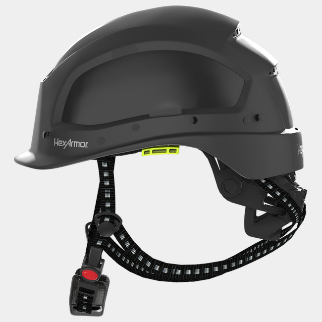 Ceros XA250 black safety helmet with chin strap as shown from the side.