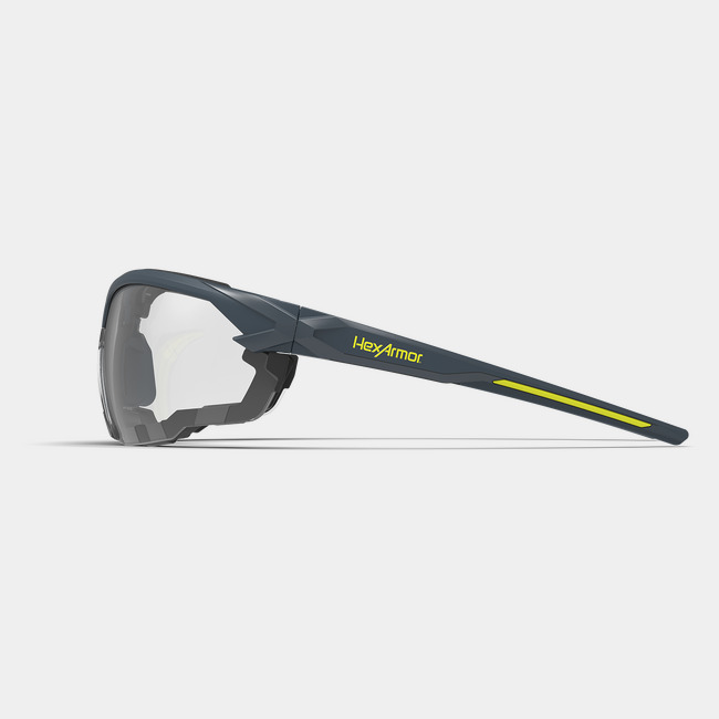 NX1G gasketed safety glasses from the side showcasing the HexArmor logo on the frame.