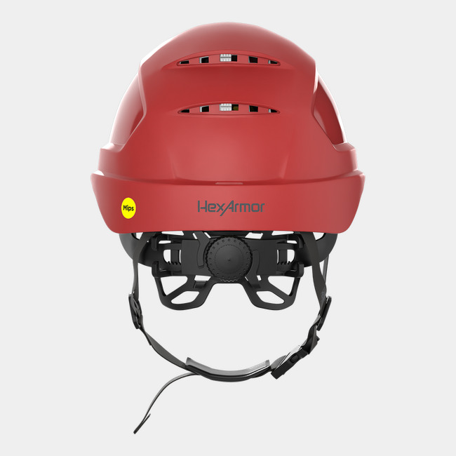 Ceros XP450A with Mips and chin strap safety helmet as shown from the back showcasing the wheel ratchet adjustment system.