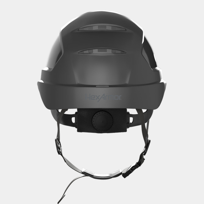 Ceros XP450AE chin strap safety helmet as shown from the back showcasing the wheel ratchet adjustment system.