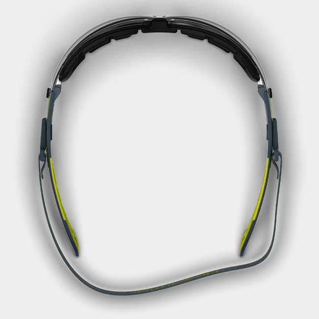 MX200G safety spoggles from the top-down showcasing the foam gasket and head strap.