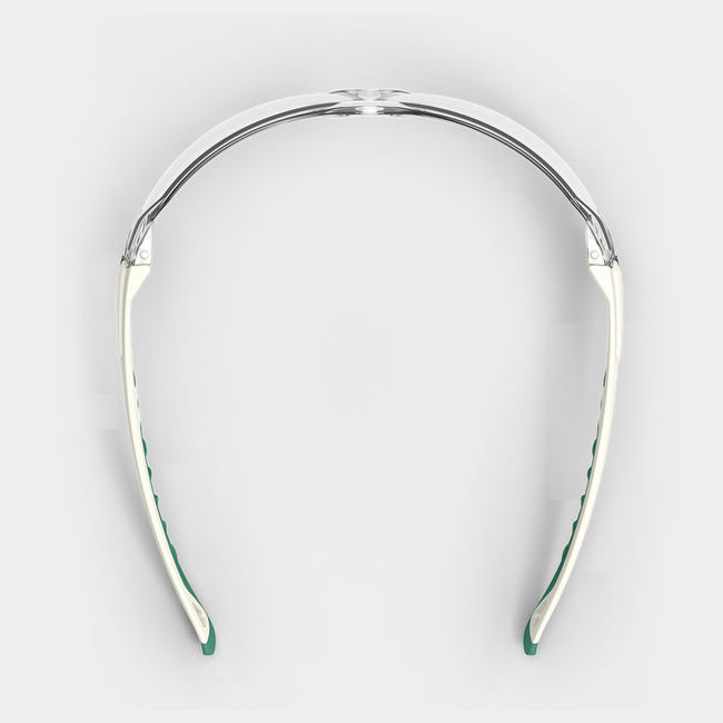 White and green MX225 planet series sustainable scratch-resistant safety glasses from the top-down showcasing the nose piece.