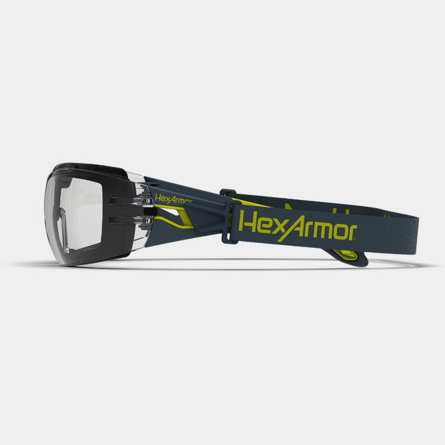 MX200G safety spoggles from the side showcasing the HexArmor logo on the frame and strap.