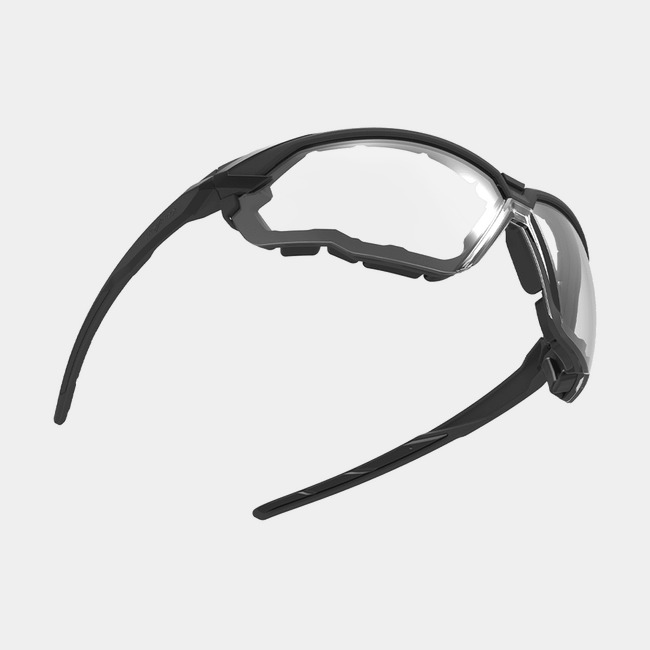 X1G safety glasses with gasket shown from the bottom-up at an angle showcasing the optical clarity of the lenses.