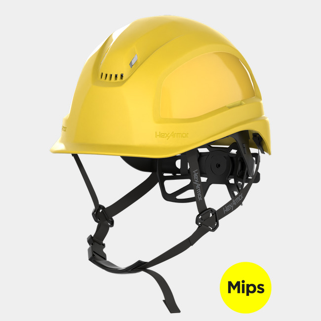 Ceros XP450A with Mips yellow vented safety helmet with chin strap.