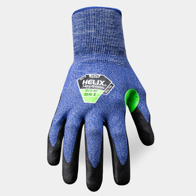 Back of hand view of Helix 3026 high-dexterity work gloves showcasing the glove label and HPPE and metal fiber blend shell.