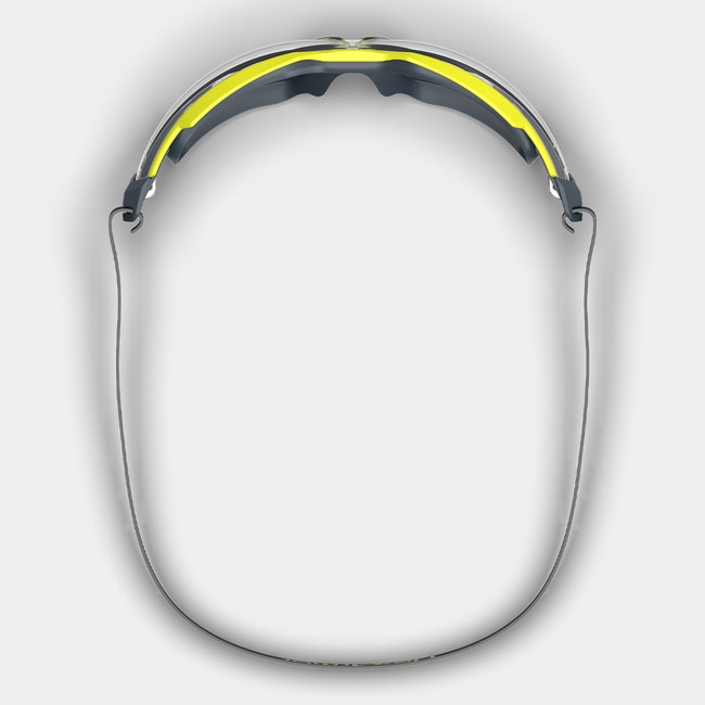 MX350 safety glasses from the top-down showcasing the soft seal gasket and head strap.