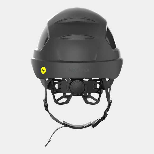 Ceros XP450AE with Mips and chin strap safety helmet as shown from the back showcasing the wheel ratchet adjustment system.
